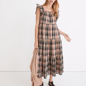 Madewell Flutter-Sleeve Tiered Midi Dress in Plaid Women's XL